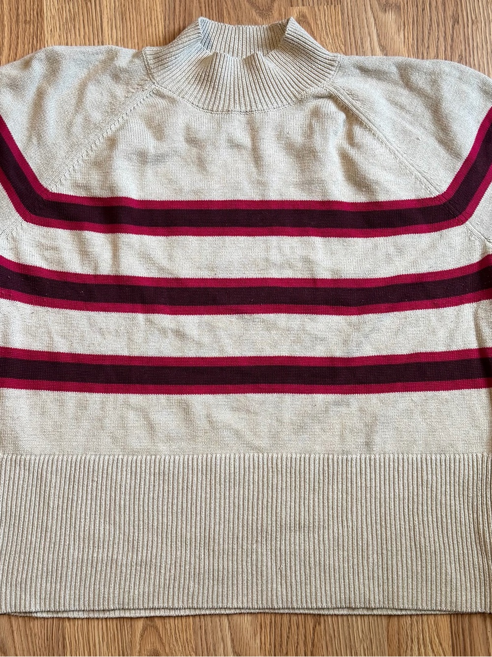 LOFT Cream Mock Neck Sweater with Pink and Burgundy Stripes